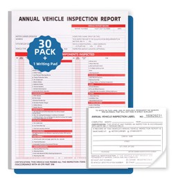 30-Pack Annual Vehicle Inspection Report Form, 3-Ply Carbonless Form and Hardboard, Includes 30-Pk 2-Ply FMCSA Vinyl Adhesive Label for Annual Inspections, DOT Compliant