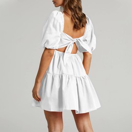 Shy Velvet Women's Casual Party Mini Dress Square Neck Short Bubble Sleeve A-line Loose Summer Dresses White