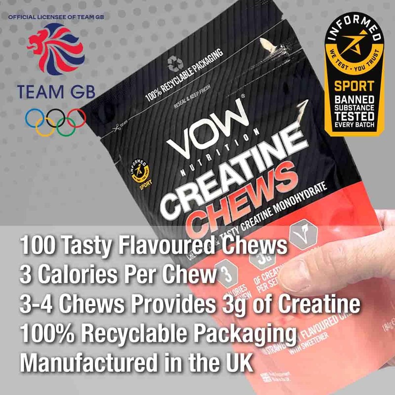 VOW Nutrition Creatine Chews,100 Strawberry Flavoured Chews, Creatine Monohydrate, Convenient