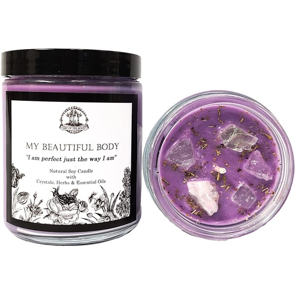 My Beautiful Body Affirmation Candle | 9 oz Natural Soy | Rose Quartz & Green Calcite Crystals, Herbs, Essential Oils | Acceptance, Confidence Self-Esteem Rituals | Wiccan Pagan Metaphysical