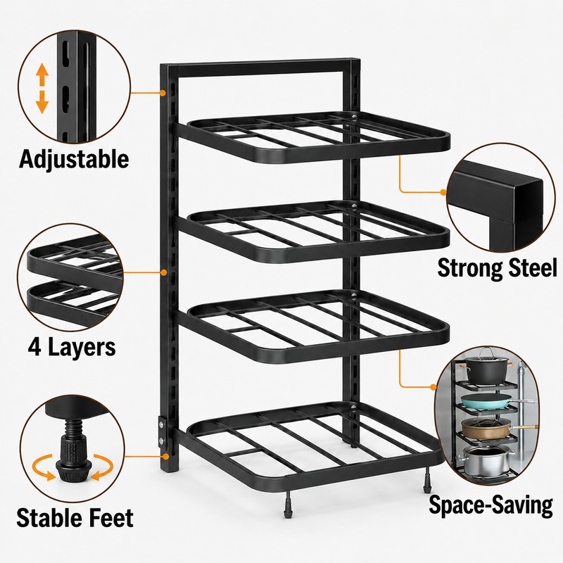 4-Tier Adjustable Pot Rack Organizer – Metal Kitchen Cabinet Shelf