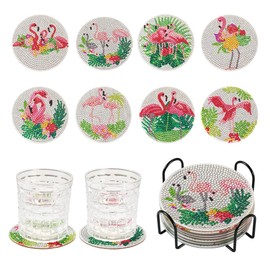 Fashewelry 8pcs Flamingo Diamond Painting Coaster Kit Diamond Art Crafts Bird Diamond Dot Coasters for Valentine's Day Beginners, Adults, Kids