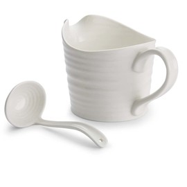 Portmeirion Sophie Conran Mini Sauce Jug and Ladle Set, 16 Oz Porcelain Server, Elegant Handcrafted Serveware with Rippled Surface, Dishwasher, Microwave, Freezer, Oven Safe (White)