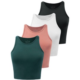 Kole Meego Crop Tops for Women Workout Cropped Tank Top Trendy High Neck Camisole Yoga Shirts Athletic Undershirts 4 Pack Black/White/Coral/Deep Green S