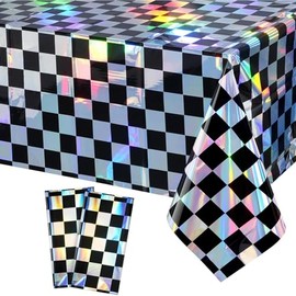 Iridescent Party Tablecloth in 2pcs,Black Checkered Plastic Tablecloth,Shiny Rectangle Table Cloth,137*274CM Plastic Foil Table Cloth,Iridescence Plastic Tablecloths For Wedding,Party Decortaion