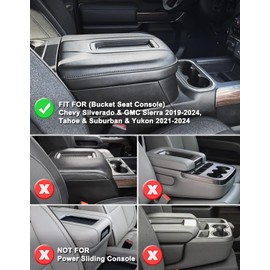KBH Center Console Armrest Cover for Chevy Silverado & GMC Sierra 2019-2025, Tahoe & Suburban & Yukon 2021-2025 Bucket Seat, Vinyl Leather Trim, Black-Red Double Stitch