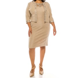 Brianna Milay Women's Plus Size Elegant Knee-Length Sheath Dress with Lace Detail and Matching Jacket, Almond