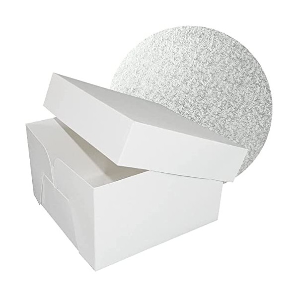 Culpitt 12" Round Silver Cake Drum Board & White Cake Box Combo, 12 Inch Square Box and Matching Cake Circle Set For Cake Transport