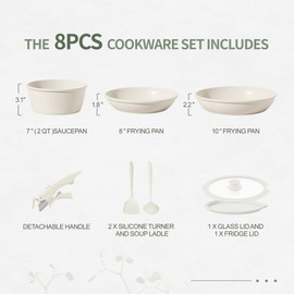 BECIGAR 8pcs Ceramic Pots and Pans Set, Non Stick Cookware Set, Detachable Handle Cookware, Induction Kitchen Cooking Set with Removable Handle,Oven Safe, Induction Fast, Stackable Cookware Set