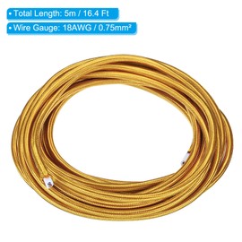 PATIKIL Fabric Cloth Covered Round Wire, 16.4ft 18AWG 2 Core Vintage Woven Electrical Cord for Pendant Light DIY Project, Golden