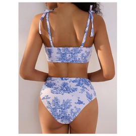Floerns Women's Tie Shoulder Bikini Swimsuit Floral High Waisted 2 Piece Bathing Suit Blue and White Small
