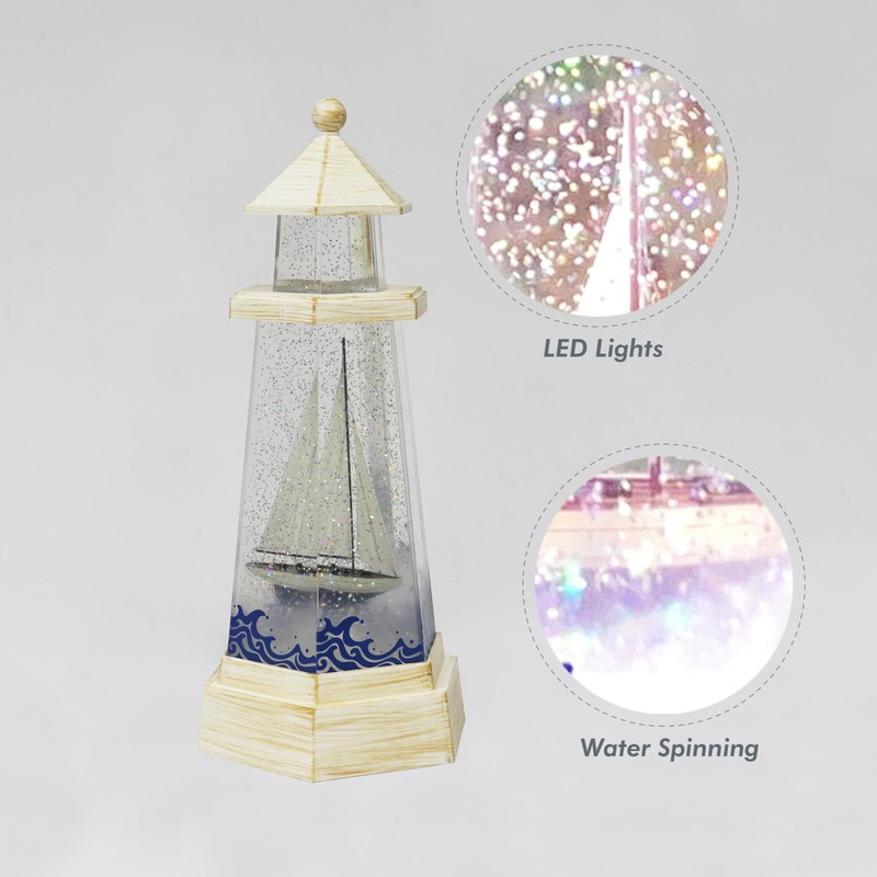 Lighthouse Water Spinner Coastal Acrylic LED Light-Up Decoration with Moving