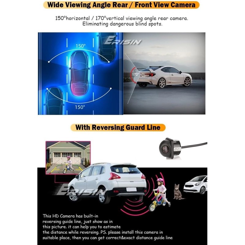 Erisin 150° Fisheye AHD CVBS Car Rear View Backup Front