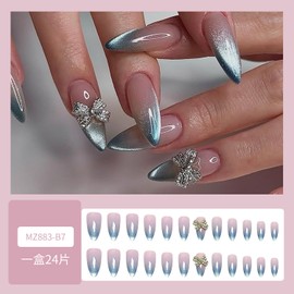 24Pcs Almond Press on Nails with Charms, 3D Bow Nail Design Glitter Fake Nails Medium Length French Tip Nails Press ons Cute Glue on Nails Full Cover Stick on Nails Reusable Artificial Nails for Women