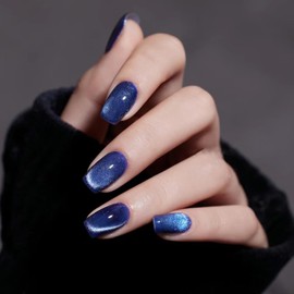 24 Pcs Cat Eye Press on Nails Square Fake Nails Blue Glitter Acrylic Nails Medium False Nail with Glue Full Cover Stick on Nails Winter Press on Nails Glossy Glue on Nails Artificial Nails for Women