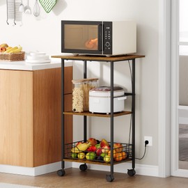 Microwave Cart with Storage, 3-Tier Rolling Kitchen Stand with Wire Basket, Wood and Metal Utility Cart on Wheels, Coffee Bar Station, Small Baker’s Rack As Kitchen Island, Microwave Shelf Organizer