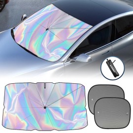 AUTOXBERT 3xWindshield Sun Shade Foldable Car Umbrella Front Side Window Mesh Cover Visor