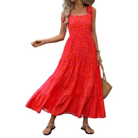 PRETTYGARDEN Summer Dresses for Women 2025 Sleeveless Spaghetti Strap Long Floral Maxi Dress Boho A Line Beach Sundresses(Red Flower,Large)