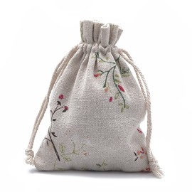 KISSITTY 50pcs Polyester Cotton Storage Bags Old Lace Color Packing Pouches Drawstring Bags with Printed Leafy Branches for Packing Jewelry Gifts Wedding Favors 14x10cm