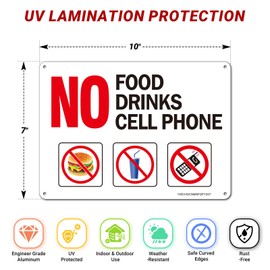 No Food No Drinks No Cell Phone Sign, 2Pack- 10"x7" Rust Free Reflective Aluminum, Fade/Weather Resistant, HD Ink Printing, UV Protected, Indoor/Outdoor Use, Easy to Mount