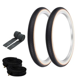 OG Lowrider Pair of Bicycle Wire Bead TIRE in 24 x 2.125 Black/White W/Yellow Line Brick Tread (2) Tires W/Heavy Duty Tubes & Rim Strips G-5009