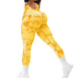 MOHUACHI Tie Dye Seamless Leggings for Women High Waist Yoga Pants, Scrunch Butt Lifting Workout Tights (Tie Dye Yellow, Large)