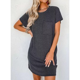 Acelitt Women Casual Summer Dress 2025 Fashion Crewneck Short Sleeve Trendy Loose Vacation Beach Ribbed Tunic Shift Tshirt Mini Dresses Black XL