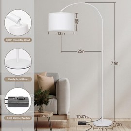 Seaside village Standing Lamp for Living Room, Dimmable Arc Floor Lamp with White Adjustable Hanging Shade, Modern Pole Lamp Tall Reading Light for Bedroom, Over Couch, Office, 9W LED Bulb Included