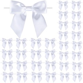 Fbshicung 115 Pack Twist Tie Bows for Treat Bags 3" White Satin Ribbon Bows for Package Craft Gift Wrapping Decoration (White)