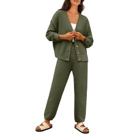 LILLUSORY Womens 2 Two Piece Lounge Sets Sweater Matching Loungewear 2025 Fall Winter Fashion Trendy Cozy Comfy Knit Cardigan Pant Wear Clothing Airport Outfits Travel Clothes Army Green M