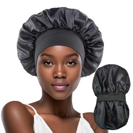 Black Double Layer Silk Bonnet for Sleeping Women Curly Hair Large Satin Bonnet Wide Band Satin Lined Sleep Cap Silk Night Caps