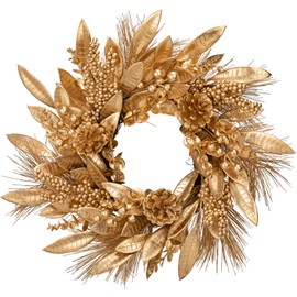 Briful 16" Christmas Wreath Gold Door Wreath, Artificial Magnolia Leaf Wreath with Berry Clusters Natural Pinecones, Christmas Wreaths for Front Door, Wall Window Christmas Decorations