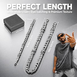 Kigeli Barbed Wire Necklace and Bracelet Set with Jewelry Box 9mm Punk Gothic Thorns Stainless Steel Chain for Men Women Silver Thick Heavy Cuban Link Chain, Emo Style Jewelry Gift