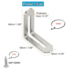 Yharnamite 10 Pcs Adjustable L-Shape Corner Brace with 20 Pcs Screwst, Shelf Bracket, Heavy Duty 90 Degree Corner Fastener Brace Support Stainless Steel Right Angle Fixer for Wood Furniture (Silver)