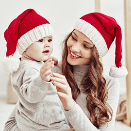 Christmas Santa Hats for Baby Kids Adults, Family Matching Parent-Child Pom Xmas Knitted Beanie Skull Cap Winter Soft Slouchy Holiday Hats for Women Men