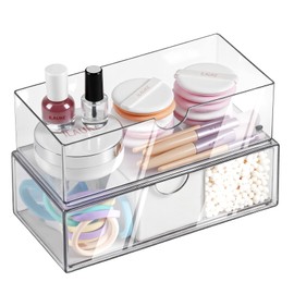 Ilauke Pack of 2 Transparent Drawer Organiser, Stackable Bathroom Organiser for Dressing Table, Kitchen & More (Shatterproof, Non-Slip Base)