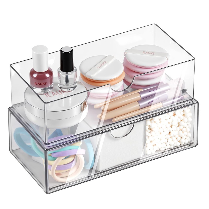 Ilauke Pack of 2 Transparent Drawer Organiser, Stackable Bathroom Organiser