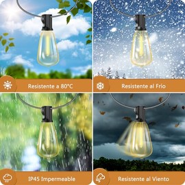 Guirnalda de Luces LED Exterior, 15m 15+1 Focos LED ST38 Inastillables Alto Brillo, Impermeable IP45, Serie Luz Vintage Decorativas para Iluminación de Jardin Patio Boda Hogar Navidad - LASPANG