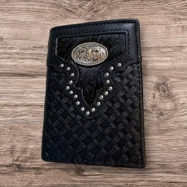Western Stakes Mens Leather Tri Fold Wallet Basketweave Custom Cowboy Concho Cowhair Cowboy Western Leather Wallet High End Mens Wallets Leather Bull Rider Rodeo Gifts For Men (Longhorn, Black)