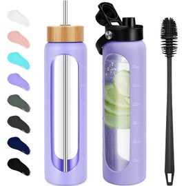 FULBEVY 25 oz Glass Water Bottles - Motivational Tumbler Water Bottle Time Marker - Borosilicate Glass Water Bottle With Silicone Sleeve and 2 Lids, Handle Spout & Bamboo Straw Lid (Purple)