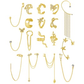 Tornito 17Pcs Ear Cuffs Chain Earrings Snake Butterfly Leaf Non Piercing Clip on Earring Fake Helix Cartilage Earrings Ear Clip Jewelry Gold Tone
