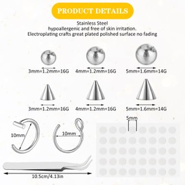 Yolev 54 Stück Fake Piercing Kugel Nasen Lippenohrringe 3 mm 4 mm 5 mm Stahlfarbe Fake Nose Ring Gefälschtes Augenbrauen Fake Septum Piercing Ohr mit Aufkleber Fake Piercings Einfach zu Tragen