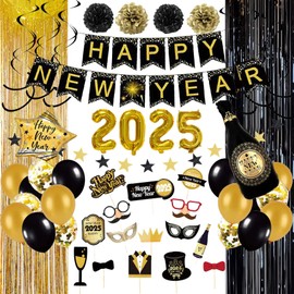 New Year's Eve Decoration 2025 XXL Set, Happy New Year Deco Set, 2025 New Year Balloons, Garland, Curtain, Black and Gold, Photo Props