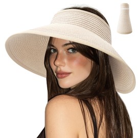 ANTI-REBOUNDUMBRE Sun Visors for Women Ponytail Beach Hats Foldable Packable Wide Brim Hats UV Protection Straw Sun Hat Beige