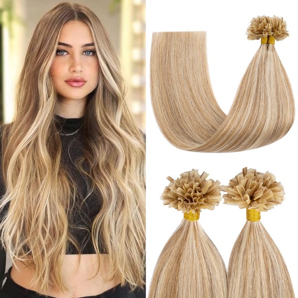 S-noilite Keratin Human Hair Extensions 100 Strands 50g Pre-Bonded U Tip Nail Hair Extensions 100% Remy Human Hair (35cm (50g), 12P613 Brown Gold Mixed to Very Light Blonde)