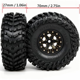 HOBBYSOUL Brass RC 1.0 wheels and tires 70mm Tall, Soft Sticky 1.0 All Terrain Tires Tyres & 1.0 beadlock wheels Negative Offset Rims Black For RC Crawler TRX4M SCX24