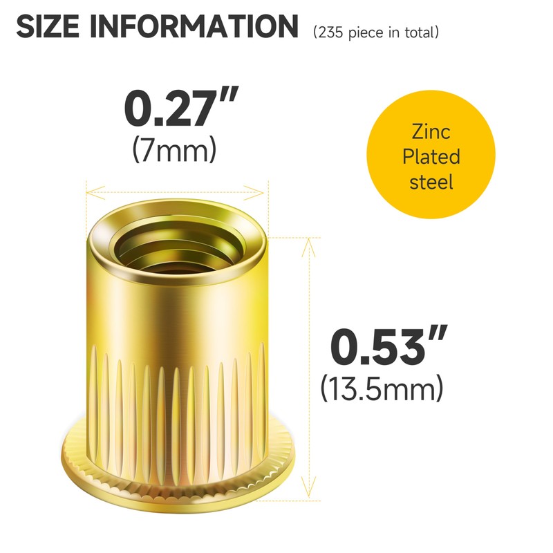 Mywish 200Pcs #10-32 Rivet Nuts, Yellow-Zinc Carbon Steel Flat Head