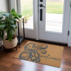 KFXHANGD Coastal Octopus Door Mat, Nautical Octopus Welcome Front Door Mat Outside Entrance, Coastal Ocean Beach Artificial Coir Doormat Rugs for Indoor Porch Patio Entryway Outdoor, 17x30 in