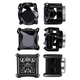 Flongo Magnetic Earrings Men's Stainless Steel: Women's Magnetic Earrings Black Magnetic Stud Earrings for Slimming 3 Pairs Set for Men Women 6 mm Square Zirconia Rhinestone Ear Clip No Hole Round