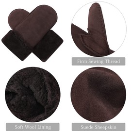 Harssidanzar Mittens Gloves For Womens,Winter Sheepskin Shearling Heated Warm Furry Cuff Gloves KL024,Brown,Size S